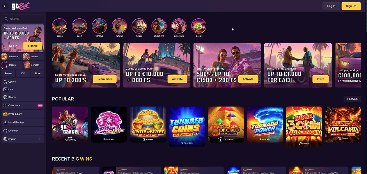 Screenshot of the GtBet website